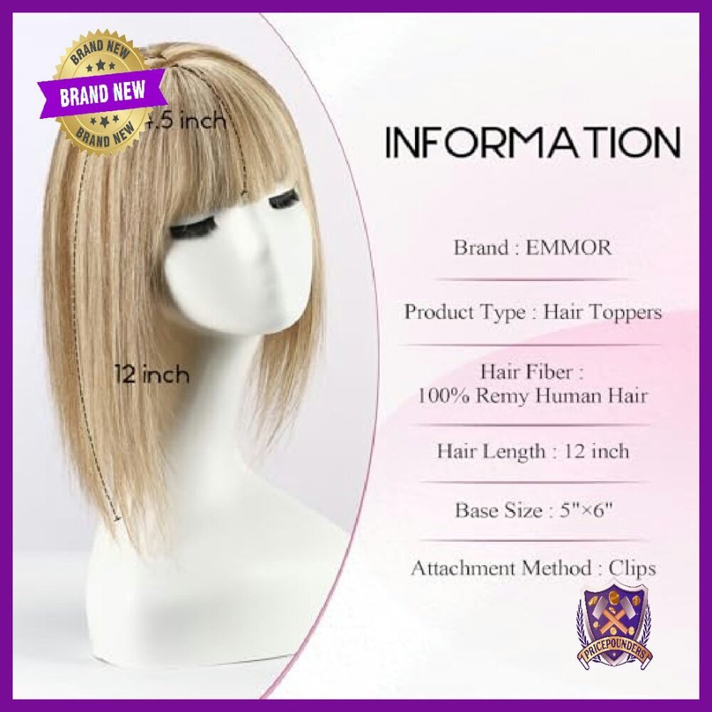 12" Human Hair Topper with Bangs 5x6" Base for Thinning Hair - Picture 3 of 7